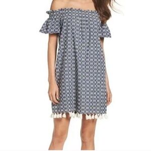 Off the shoulder tassel dress navy & white size 6 Chelsea28 brand